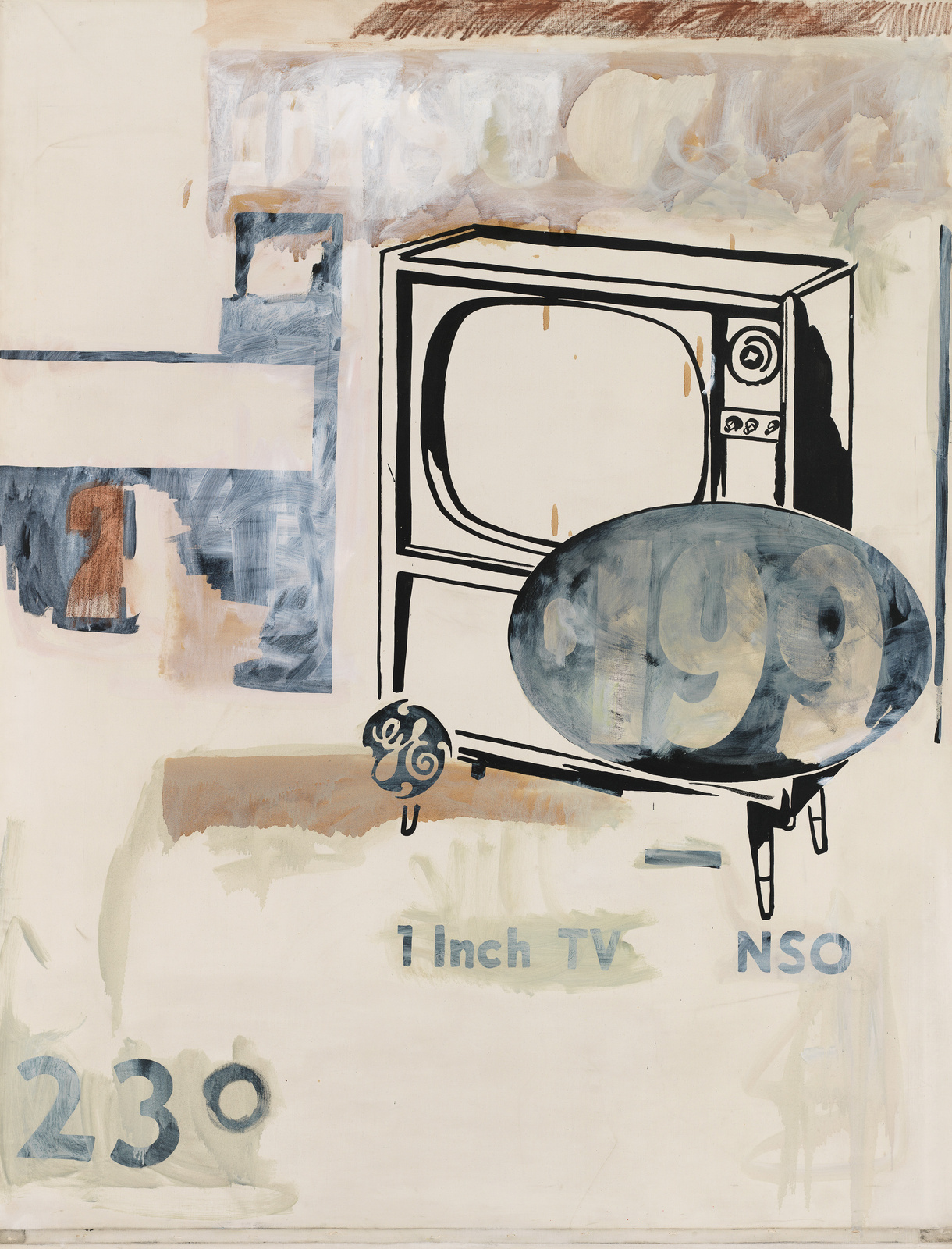 Abstract painting featuring a stylized black and white television set on the right, with a large, dark circular shape resembling a satellite dish or vinyl record in the center. Various abstract elements and shapes are scattered throughout, including a block with the number "1" and a partial "230" at the bottom. The text "7 inch TV NSO" is written near the bottom right. The background is a mix of neutral tones with brushstrokes and washes of paint.