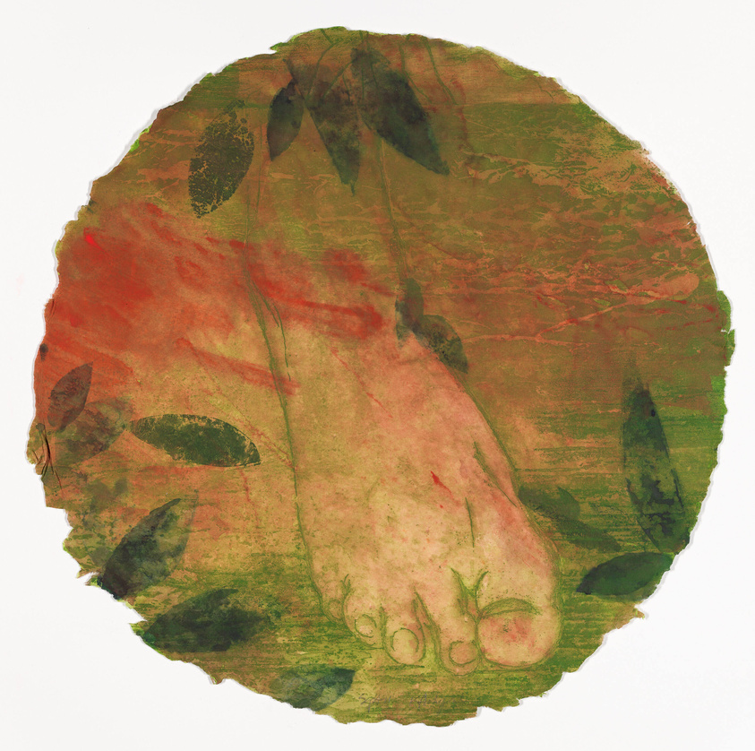 A circular piece of paper with a textured, abstract blend of green and red hues, featuring imprints of leaves and botanical elements, suggesting an organic and natural theme.