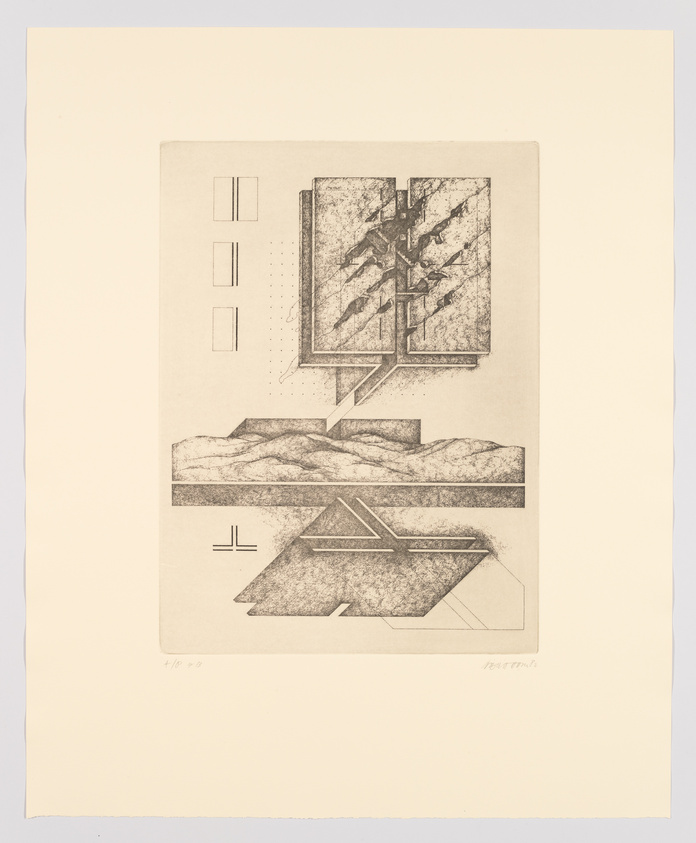 An abstract etching featuring geometric shapes and textures. The central image shows a fractured rectangle with tree-like forms inside, above layered shapes resembling a landscape. To the left, there are three pairs of vertical rectangles, and to the right, a series of dots. Below, two arrows point in opposite directions. The artwork is numbered and signed at the bottom.