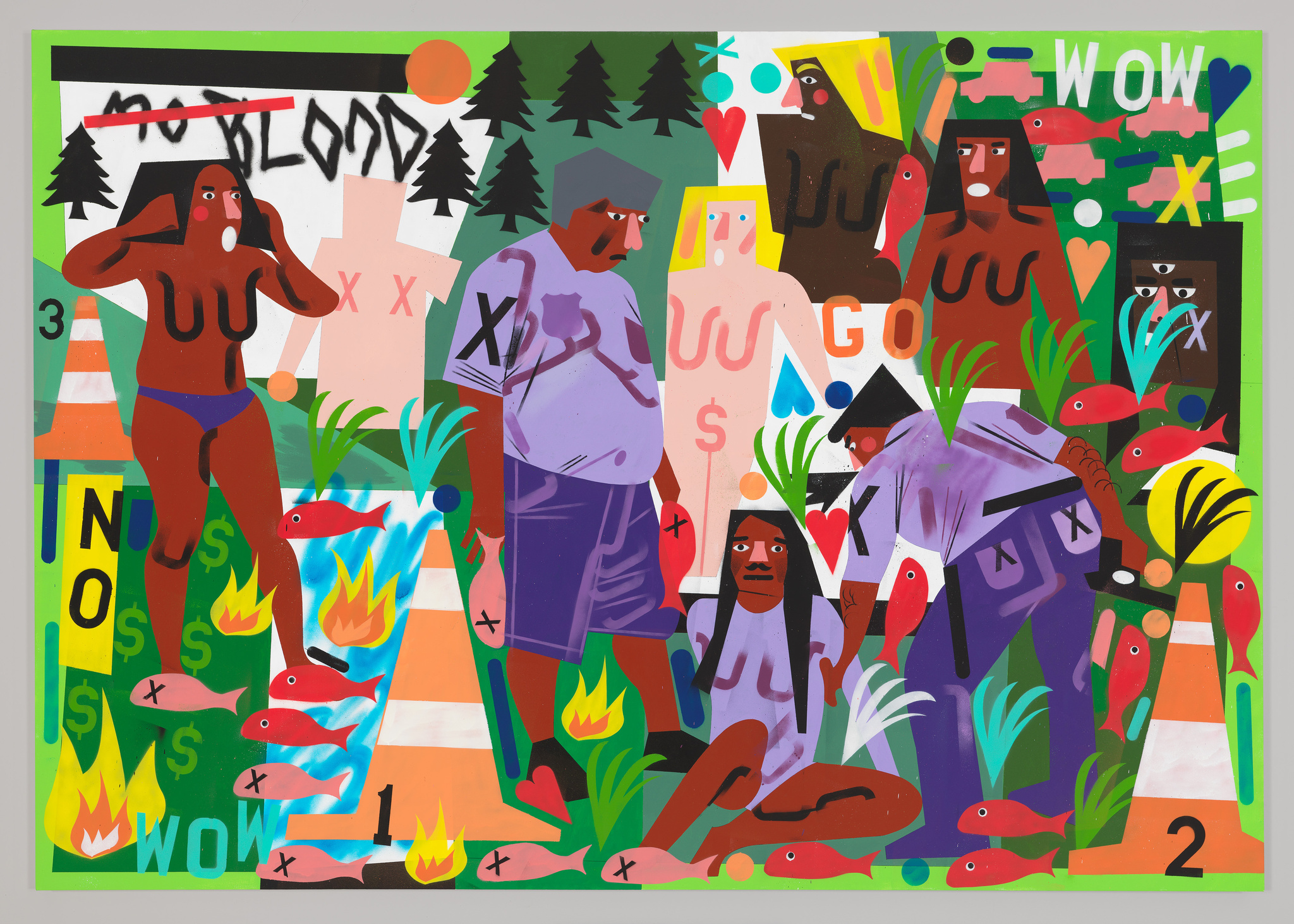 A vibrant and colorful painting featuring a collage of abstract and stylized human figures, animals, and various shapes. The figures are depicted in a range of poses and expressions, with some standing and others seated or crouched. The background is filled with a mix of patterns, text, and symbols, including trees, hearts, dollar signs, and the words "NO BLOOD" and "WOW." The palette is dominated by greens, reds, blues, and purples, creating a lively and dynamic composition.