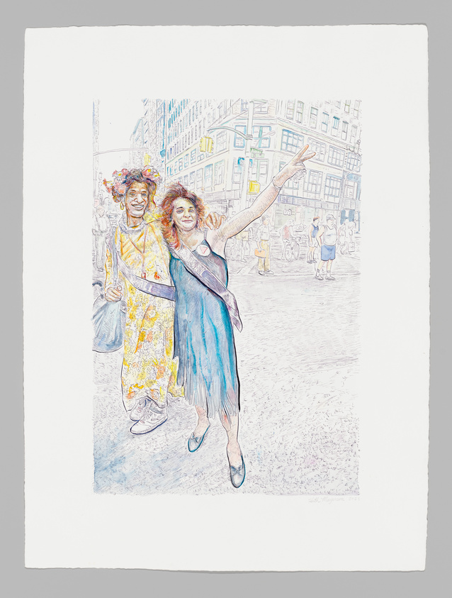 Two joyful women in colorful attire walking arm in arm on a city street, one pointing upwards.