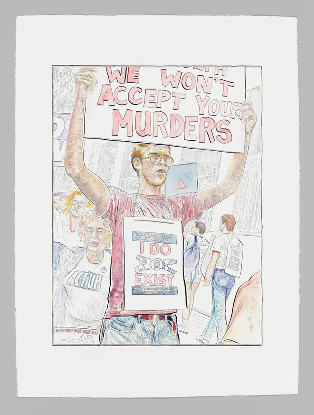 Illustration of a protest with a person holding a sign reading "WE WON'T ACCEPT YOUR MURDERS" and another with "I DO NOT EXIST."