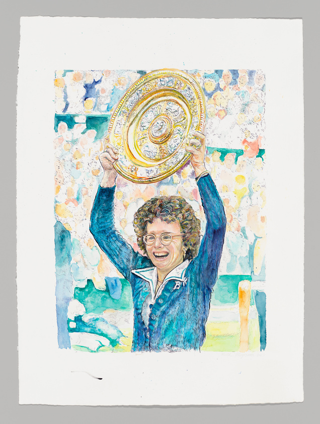 Illustration of a jubilant person holding up a large, ornate trophy above their head with a crowd in the background.