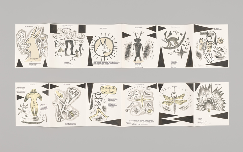 Accordion-style booklet with abstract illustrations and text on each panel, featuring various figures, animals, and geometric shapes in black, white, and yellow.