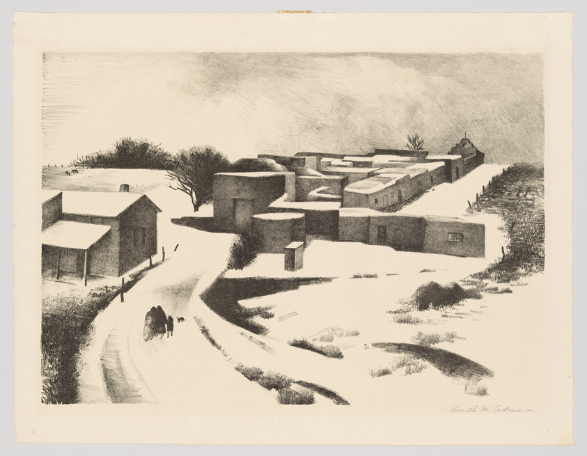 Black and white etching of a snowy pueblo landscape with adobe buildings, a winding path with a figure accompanied by a dog, and a leafless tree in the foreground. The sky is textured, suggesting a cloudy or overcast day. The artwork is signed by the artist in the lower right corner.