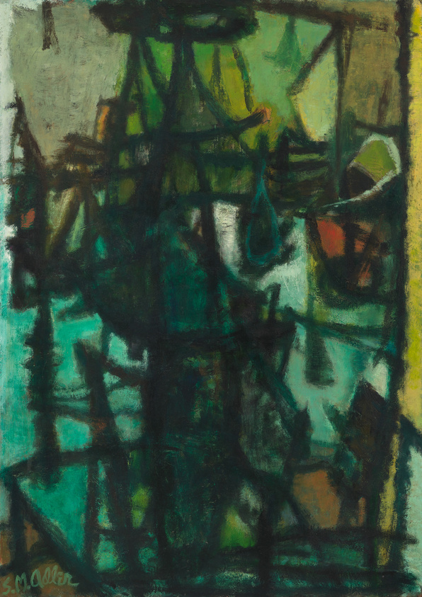 An abstract expressionist painting with a complex overlay of dark and muted tones, predominantly in shades of green and black, with hints of yellow and orange peeking through. The composition is dense with intersecting lines and shapes that suggest a chaotic lattice or network. The artist's signature is visible in the lower left corner.