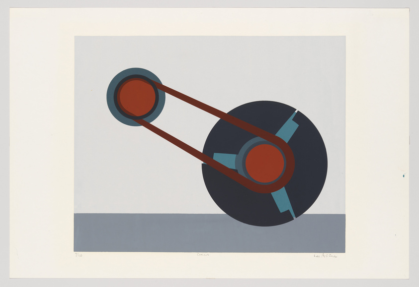 A graphic print featuring a stylized representation of a mechanical linkage with two red-orange circles connected by two brown rods, set against a dark blue circular shape with light blue accents. The background is a light gray surface with a darker gray horizontal band at the bottom. The print includes a signature in the lower right corner and is numbered in the lower left corner, indicating it's part of a limited series.