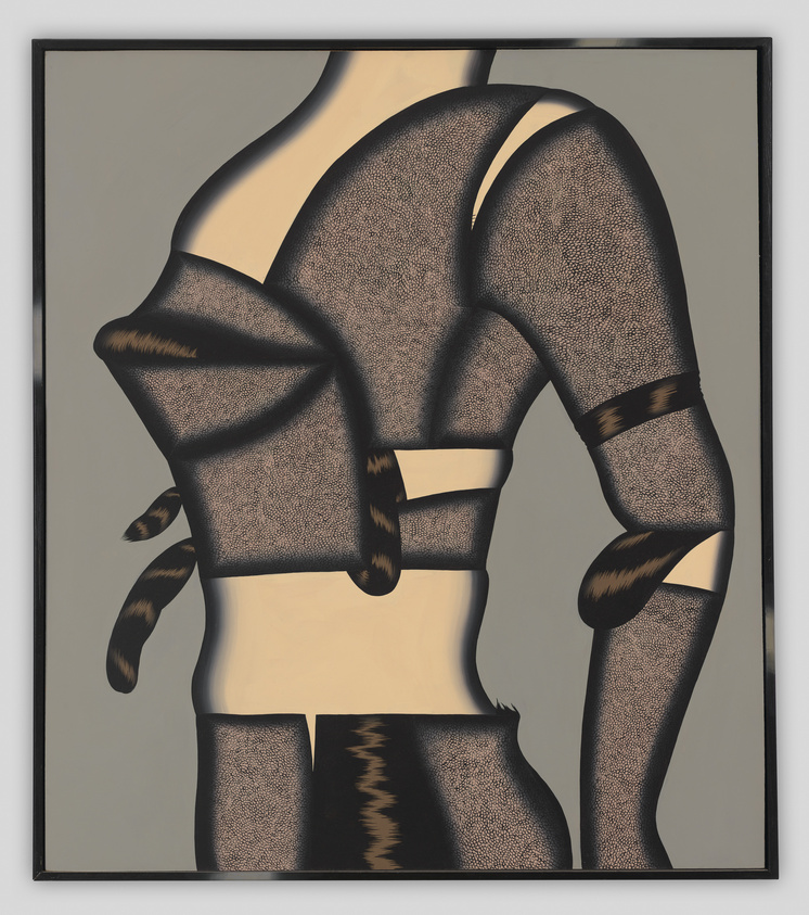 A stylized painting of a fragmented human figure with parts of the torso, arms, and legs visible, featuring a textured pattern on a beige background, framed and mounted on a wall.