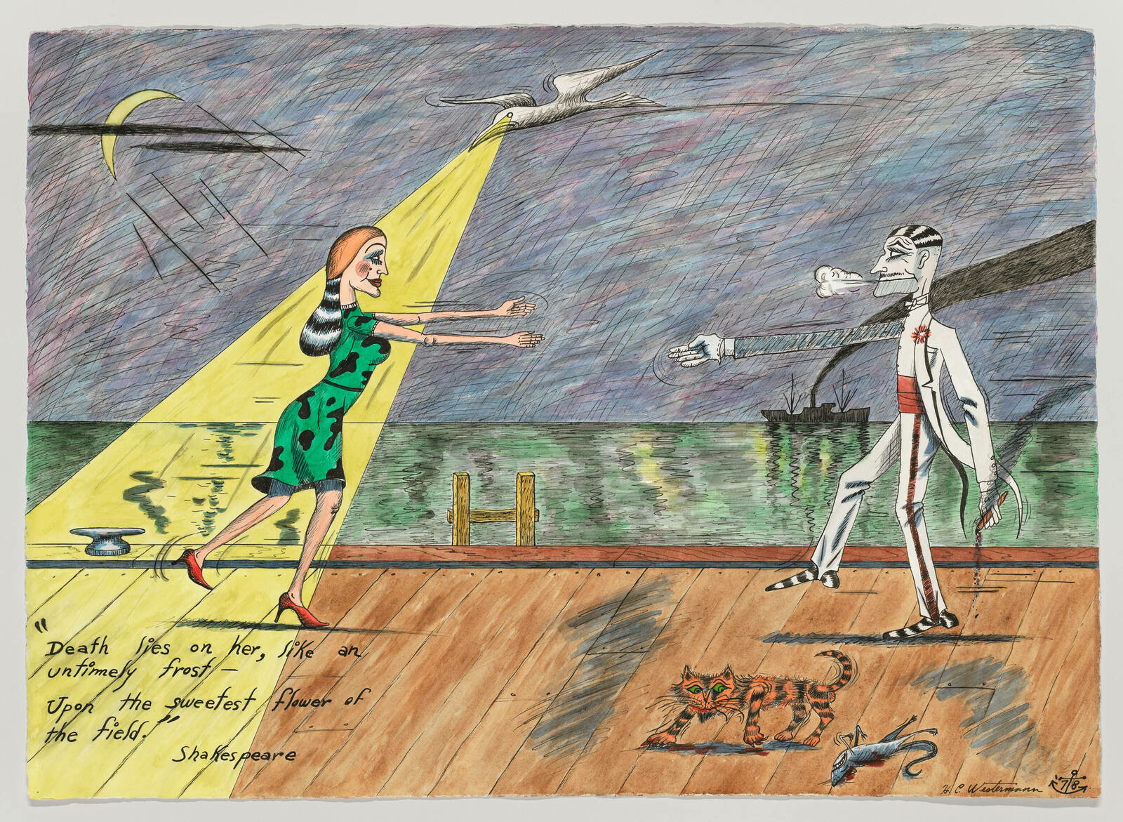 A colorful illustration depicts a surreal scene with two figures on a wooden dock. On the left, a woman with elongated arms and a green dress with black spots extends her arms towards a seagull illuminated by a yellow spotlight. On the right, a skeletal figure in a white suit with a red flower on the lapel blows smoke from a cigarette. Below the text quoting Shakespeare, "Death lies on her, like an untimely frost upon the sweetest flower of the field," a striped orange cat crouches next to a dead bird. The background features a dusky sky with a crescent moon and a body of water reflecting the scene.