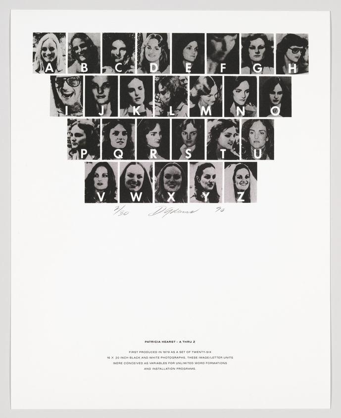 A black and white artwork featuring a grid of 26 photographic portraits, each labeled with a letter from A to Z, representing the English alphabet. Below the grid, there is text providing information about the piece, titled "Patricia Hearst - A thru Z," indicating it was first produced in 1979 as a set of twenty-six 16 x 20 inch black and white photographs. The portraits are designed as image-letter units for creating word formations in installations. The artist's signature and edition number are present at the bottom of the artwork.