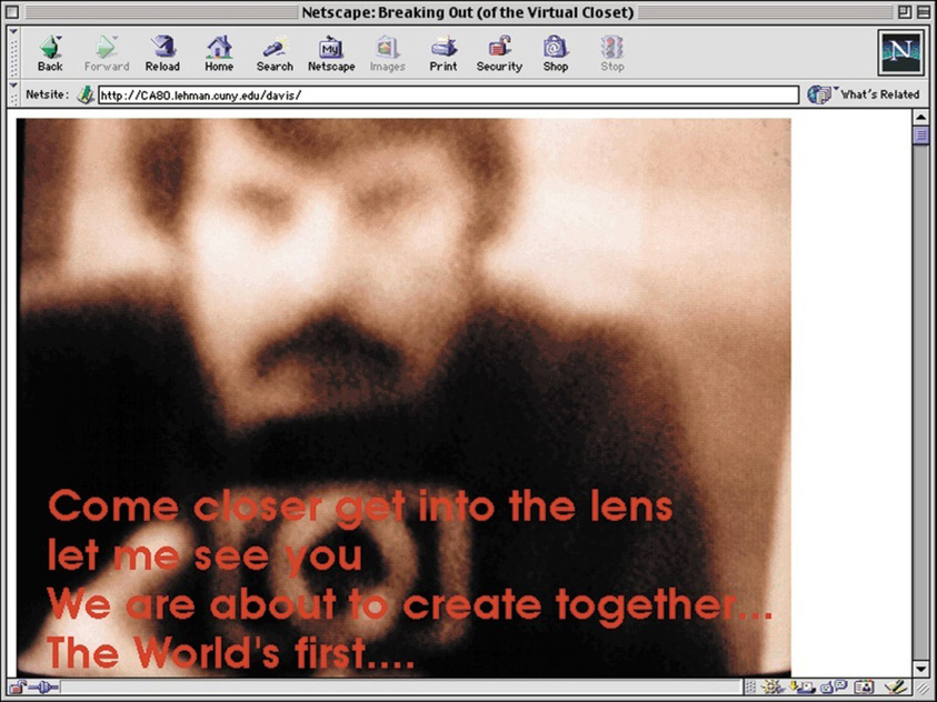 A screenshot of a vintage Netscape Navigator web browser displaying a blurred image of a person's face with text overlay that reads "Come closer get into the lens let me see you We are about to create together... The World's first...." The browser's toolbar icons and address bar are visible at the top, with the URL "http://CA80.lehman.cuny.edu/davis/" entered.