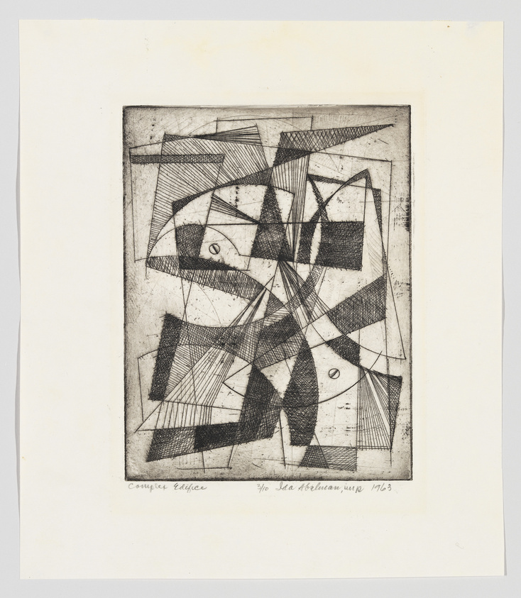 Abstract black and white etching with intersecting lines and geometric shapes, signed and dated 1963.