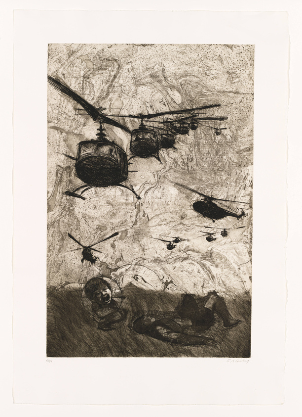 An etching depicting a chaotic scene with multiple helicopters in various sizes, some appearing closer and others more distant, set against a textured background that suggests a rugged terrain. The composition is dynamic, with the helicopters oriented in different angles, suggesting movement. In the lower part of the image, there is a faint outline of a human face and figures, adding a ghostly presence to the scene. The artwork has a rough, sketch-like quality, with strong contrasts and expressive lines.