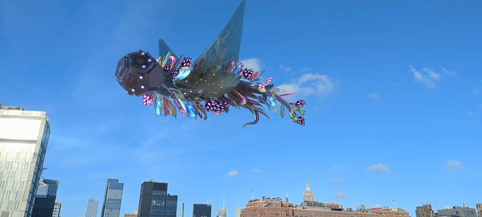 A 3D rendered creature with trailing tentacles, wings, and feathers, floats in the sky over the city view from the Whitney's 8th floor terrace.