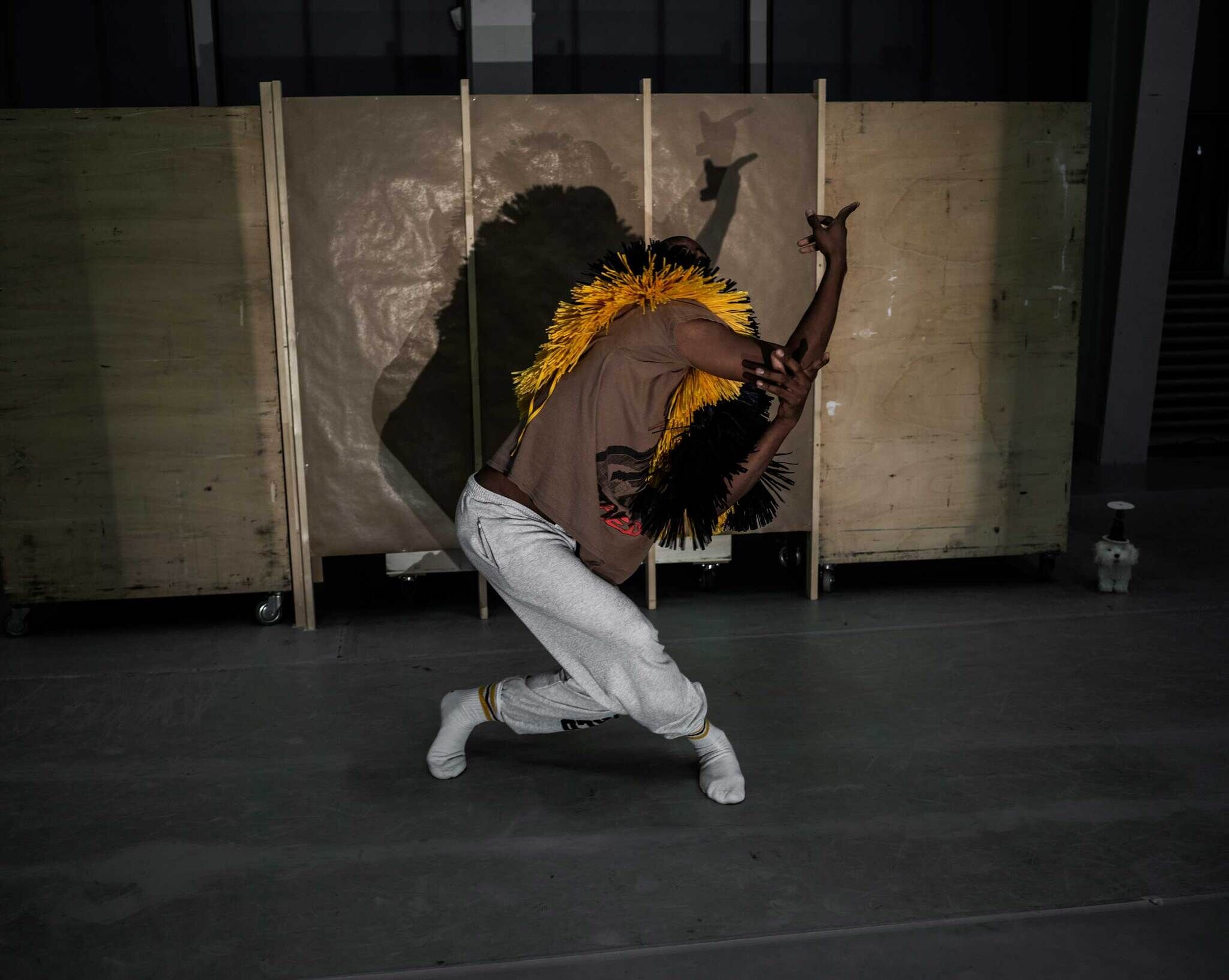 A dancer in a dynamic pose, wearing a costume with yellow and black feathers, performs in front of a wooden backdrop.