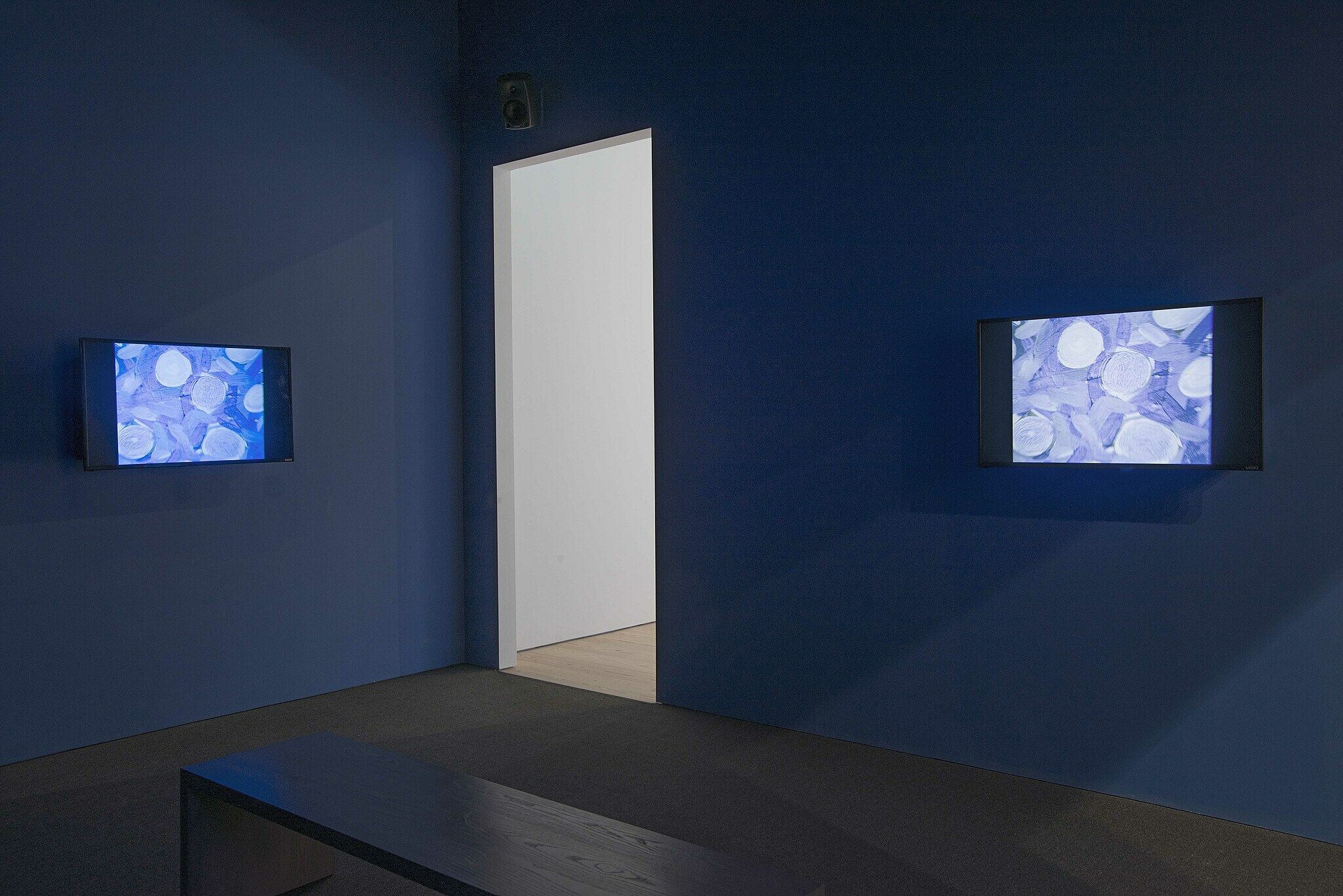 Dark gallery with abstract images on screens on either side of a doorway.