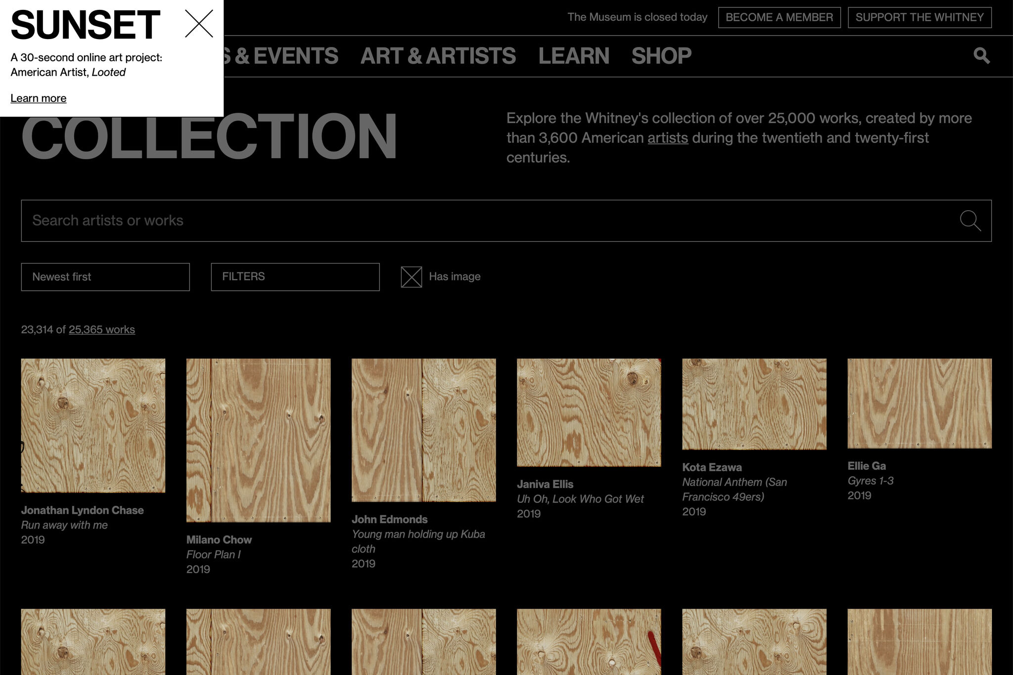 Images of artworks on the online collection replaced with wooden boards, over a black background and greyed-out text