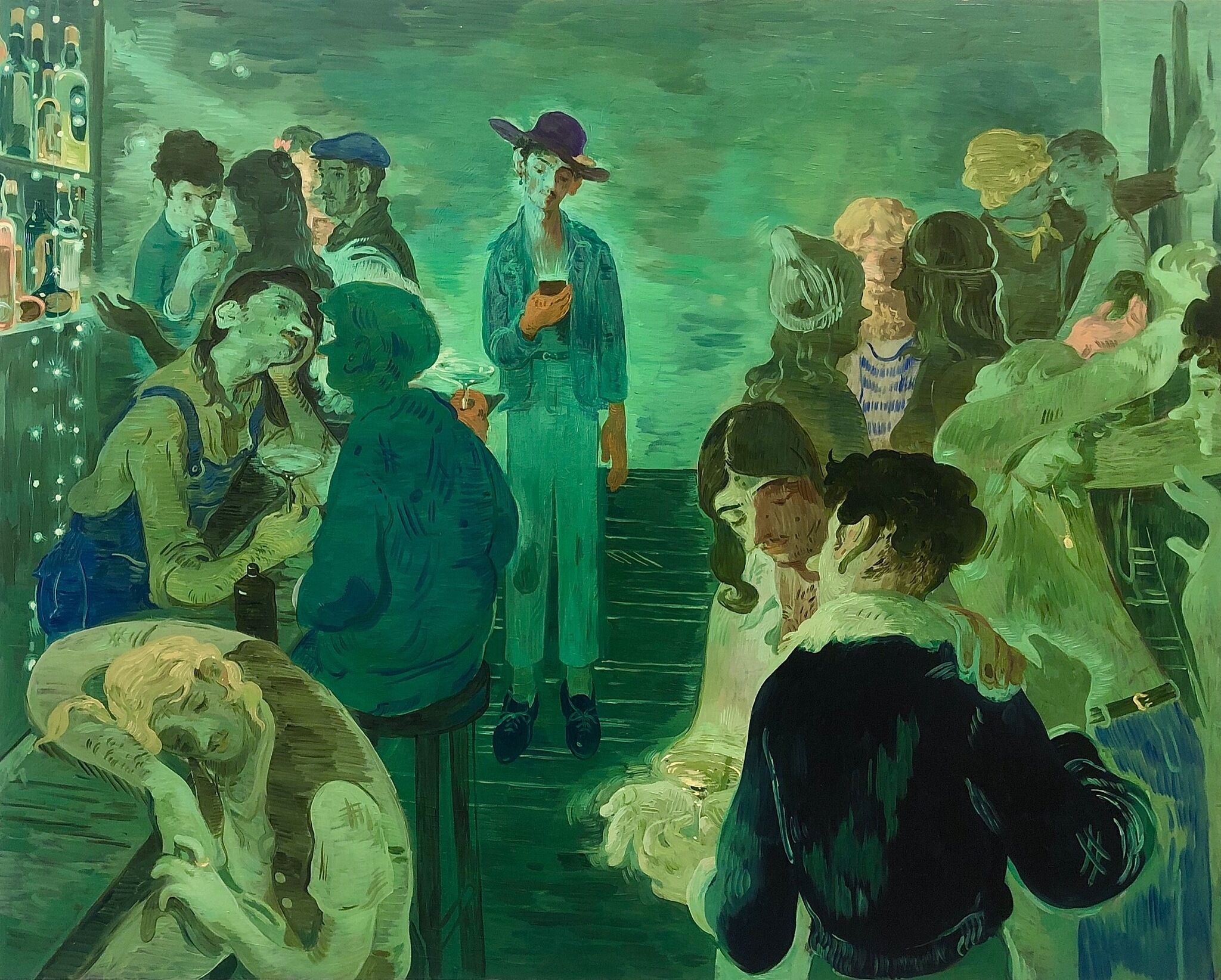 A painting of a bar lit in green light filled with people dancing, kissing, checking their phones, and drinking.