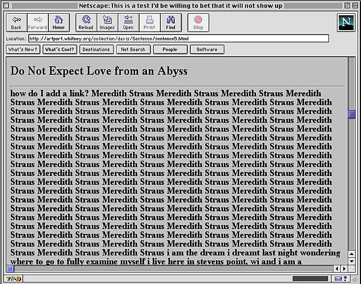 A vintage Netscape browser window displays the phrase "Do Not Expect Love from an Abyss" and a repeated pattern of "Meredith Straus."