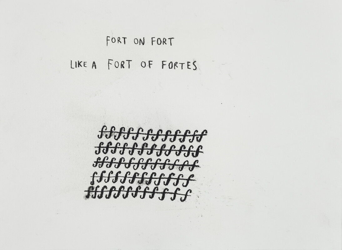 A charcoal drawing with a heading at the top of the page that reads “FORT ON FORT LIKE A FORT OF FORTES.” Beneath these words is a rectangle made up of five rows of the musical symbol “f,” meaning forte. 
