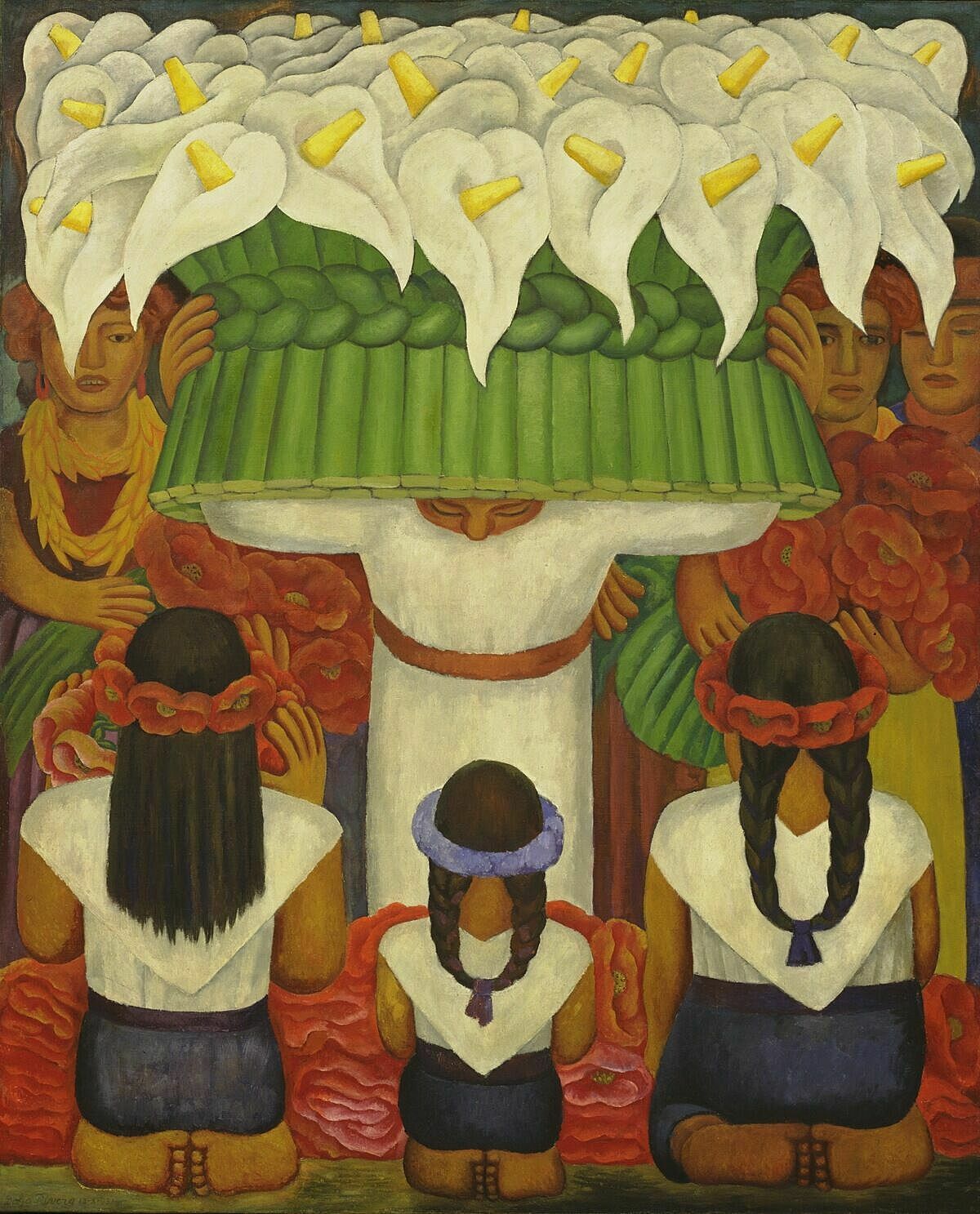 Three girls kneeling in front of women carrying flowers.