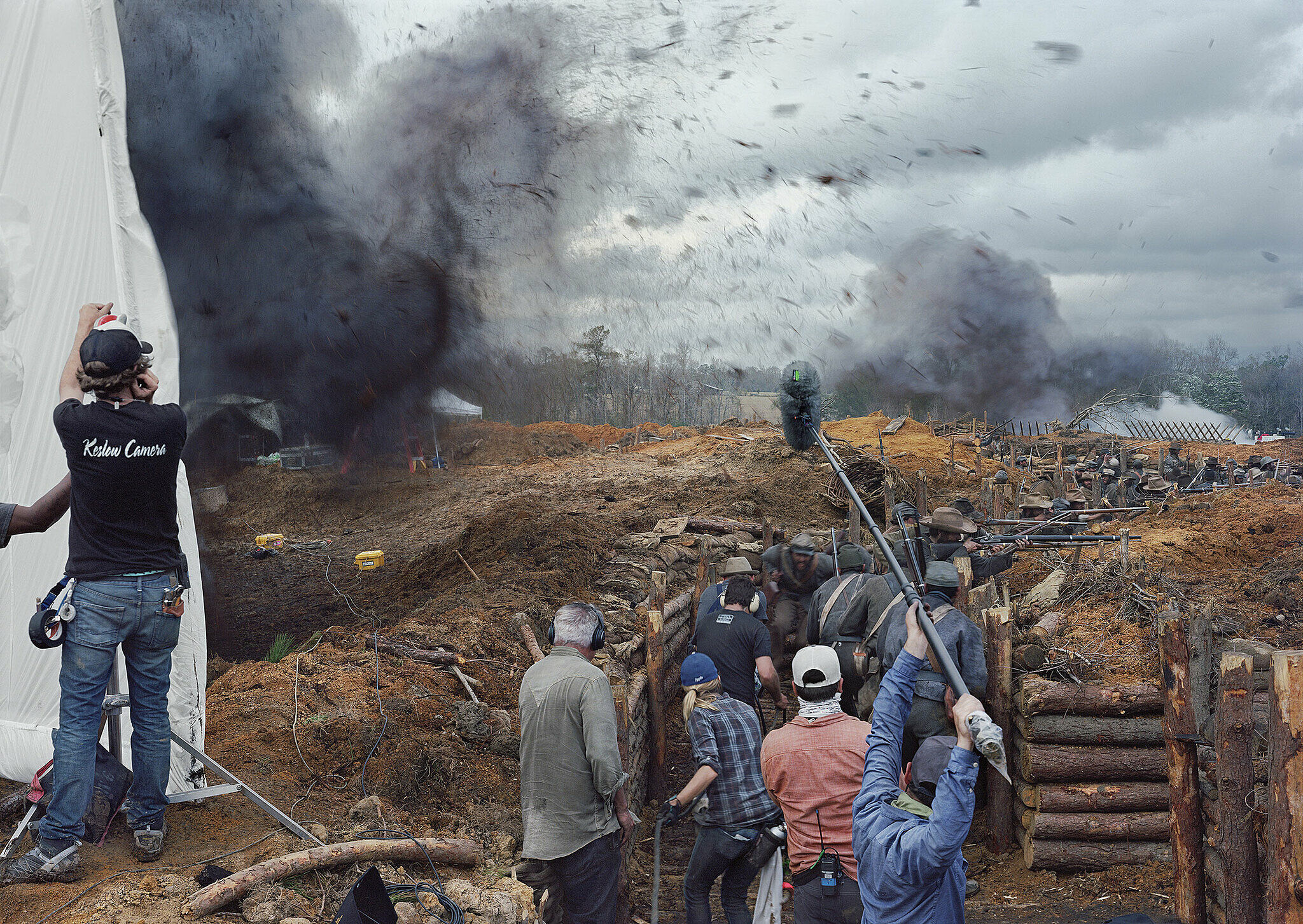 Film crew working in tornado-like storm