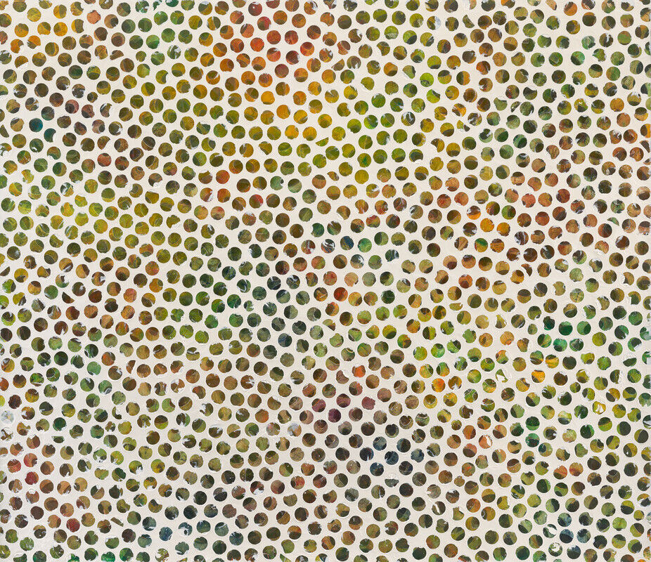 A collection of multicolored circles against a white background. 