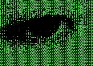 Close up of an eye, made of green ASCII text over a black background.