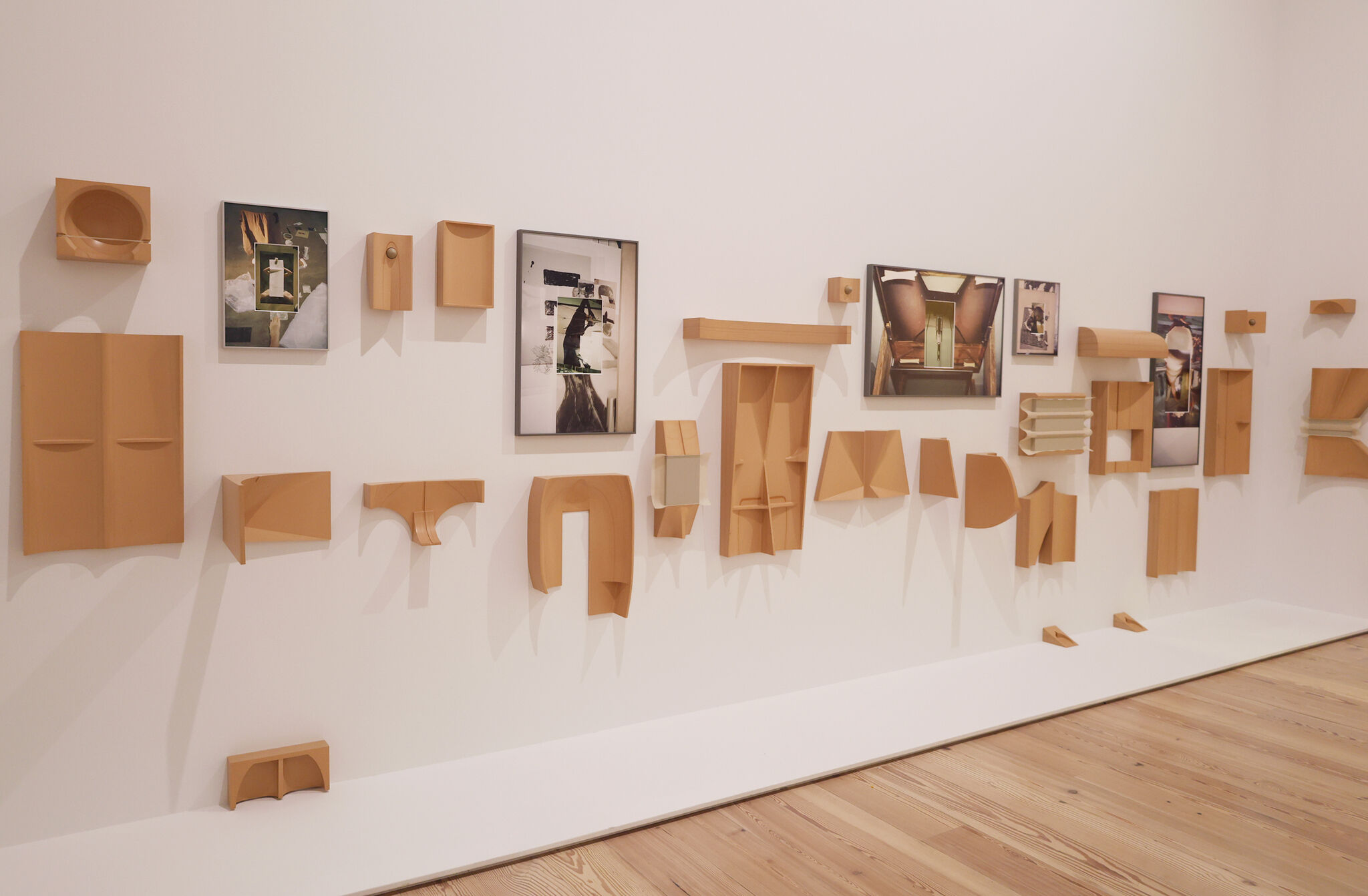 Art gallery wall with photographs and beige abstract sculptures casting shadows.