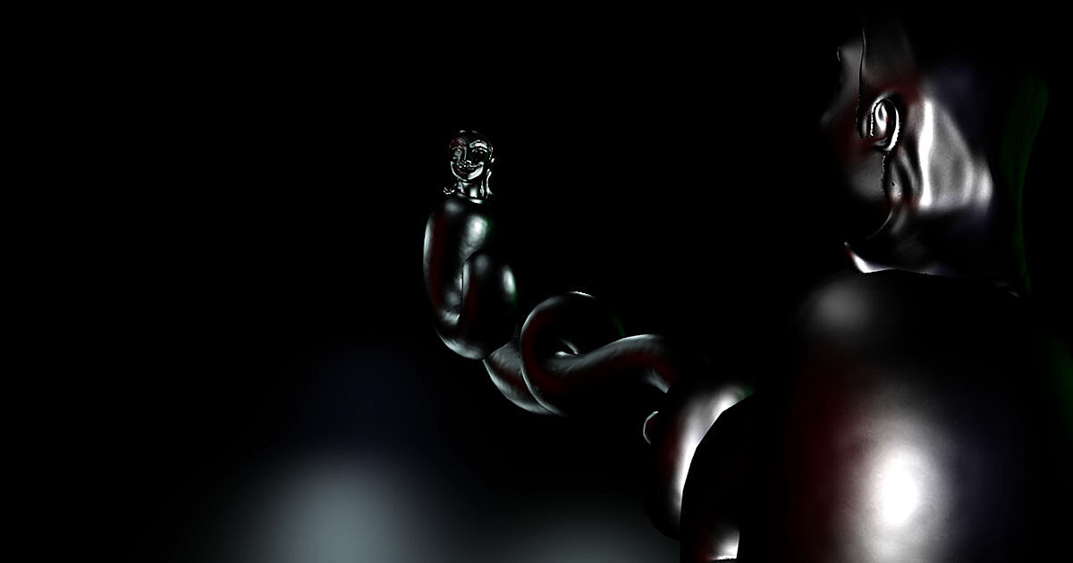 A dark, evocative, computer-generated image of a black snake with a feminine face.