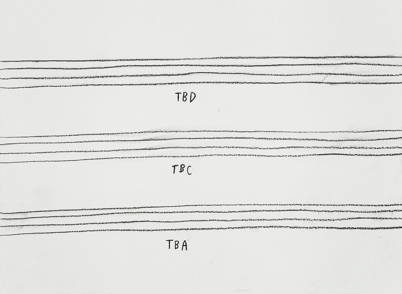 Three sets of parallel lines labeled TBD, TBC, and TBA, drawn in pencil on a white background.