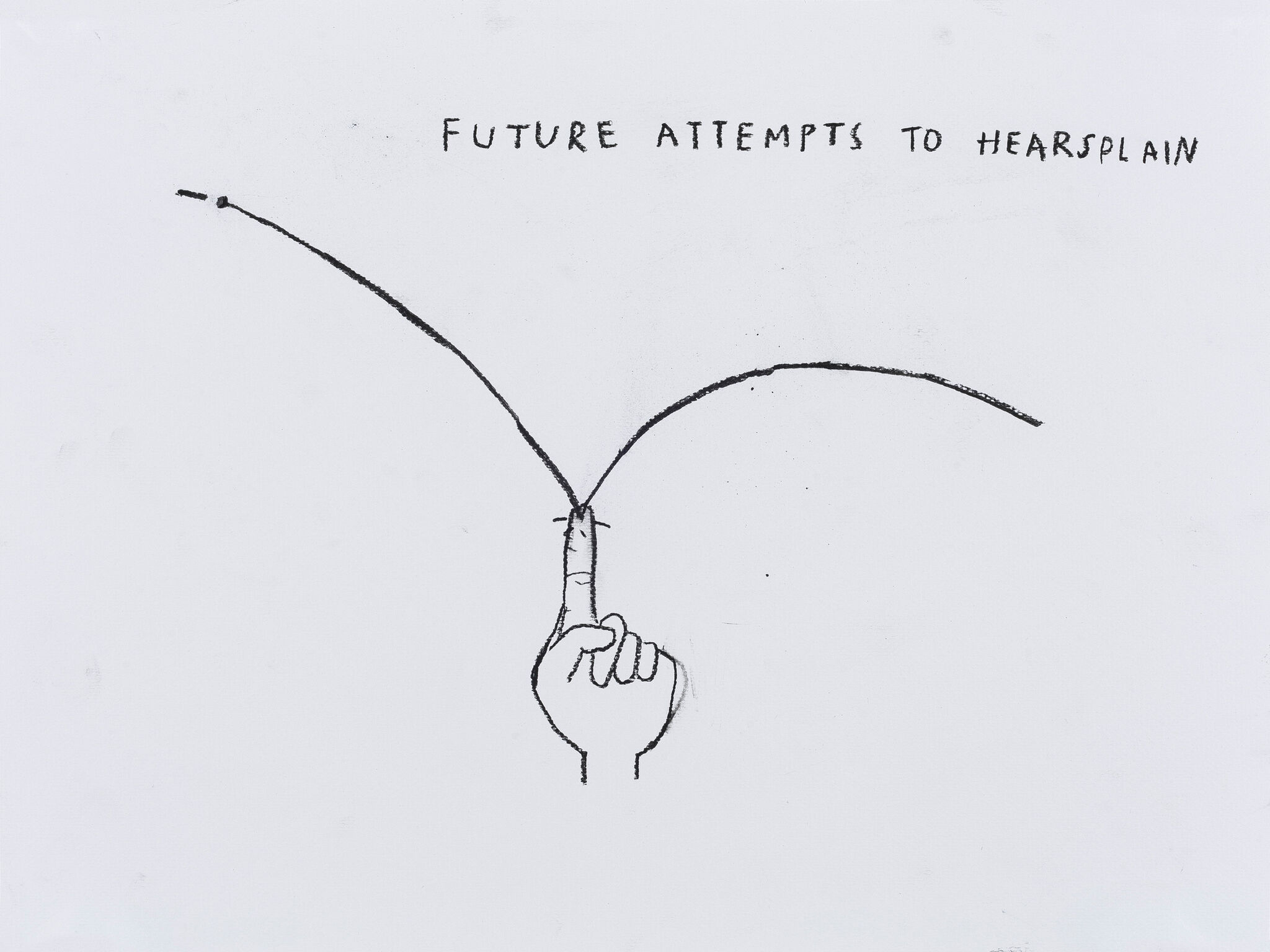 A hand with a raised finger splits a line into two paths, with the text "Future Attempts to Hearsplain" above.