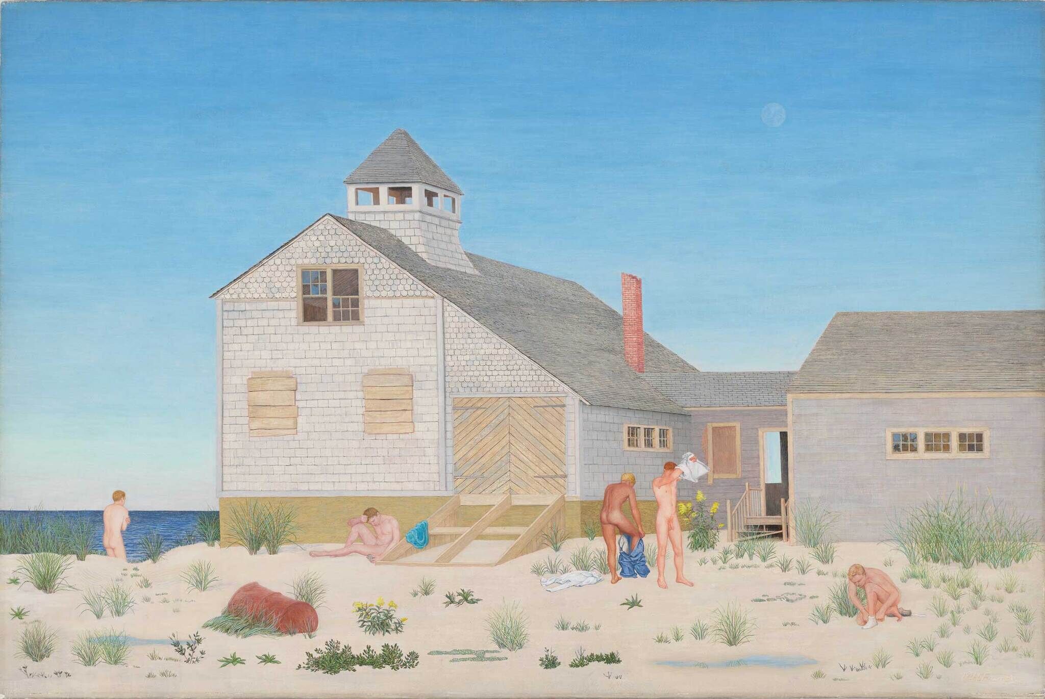 A large but simple grey-shingled house dominates a quiet and still beach landscape. Five nude male figures spread across the foreground in various states of disrobing.