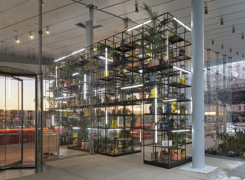 Modern indoor space with tall, metal shelving units filled with various potted plants and illuminated by vertical LED lights. Glass walls surround the area.