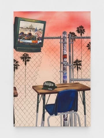 A classroom desk with a cap, a chain-link fence, palm trees, and a TV showing a cityscape against a pink sky.